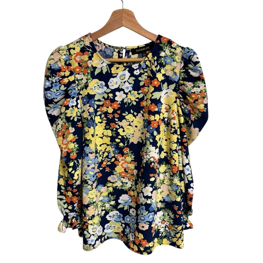 Sugarlips dark blue floral multicolor puff shoulder long sleeve blouse size S